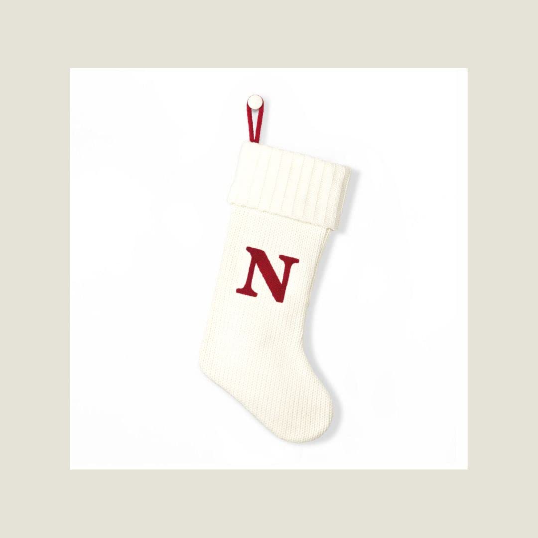 Wondershop Christmas Holiday White Thick Knit Stocking Monogram Letter N Measures 20"
