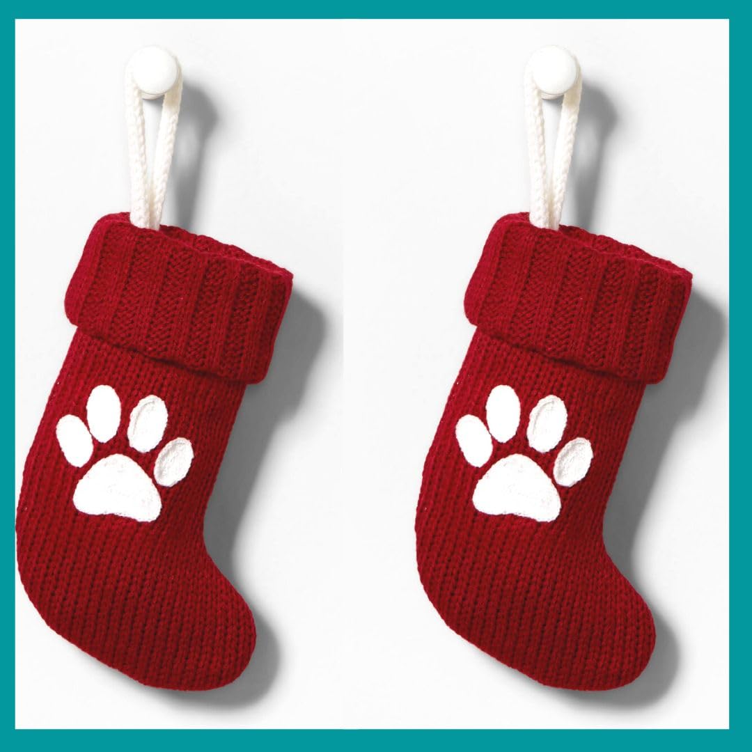 Two Wondershop Christmas Pet Stockings Dog Cat Paw Christmas or Paw Print XMAS Stocking Mini Red Stocking 8.5" (H) x 4"(W) x .5" (D)