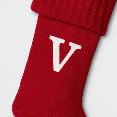 Wondershop Stocking Christmas Stockings Knit Red V 20 inches Long Plus Silver Tinsel 1000 Strands 18 inches Long Monogram Initials Embroidered Mantel Decoration Home Decor Seasonal Holiday