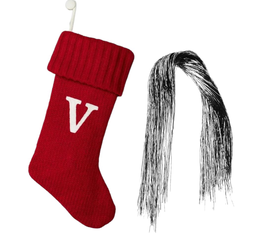 Wondershop Stocking Christmas Stockings Knit Red V 20 inches Long Plus Silver Tinsel 1000 Strands 18 inches Long Monogram Initials Embroidered Mantel Decoration Home Decor Seasonal Holiday