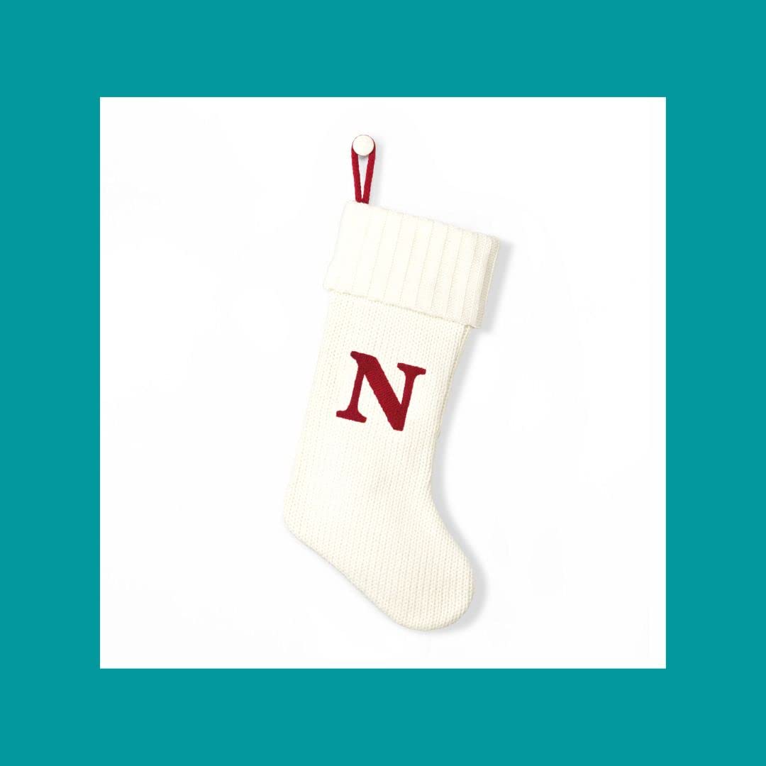 Wondershop Christmas Holiday White Thick Knit Stocking Monogram Letter N Measures 20"