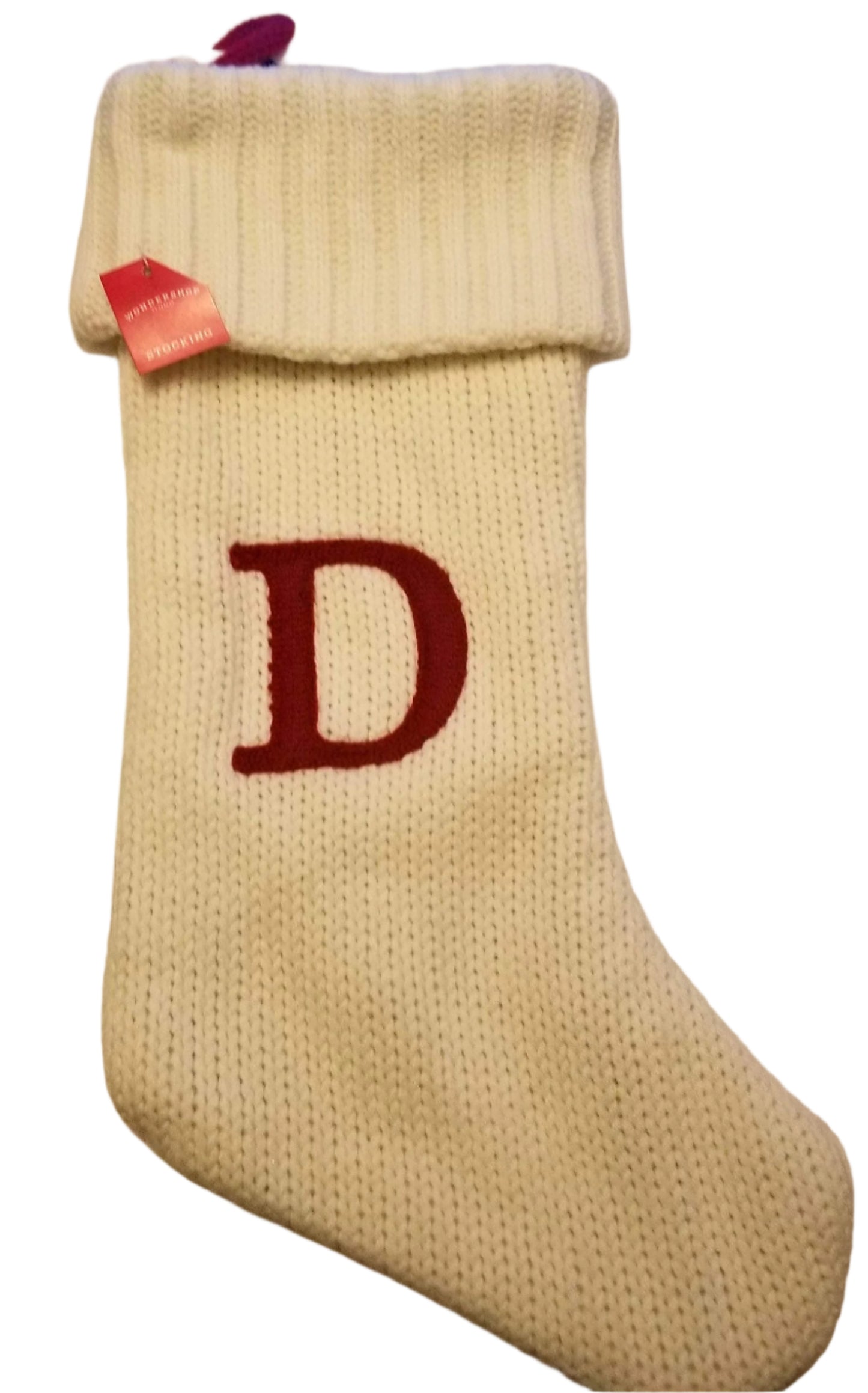Christmas Holiday Winter White Thick Knit Stocking Monogram Letter D Measures 19"