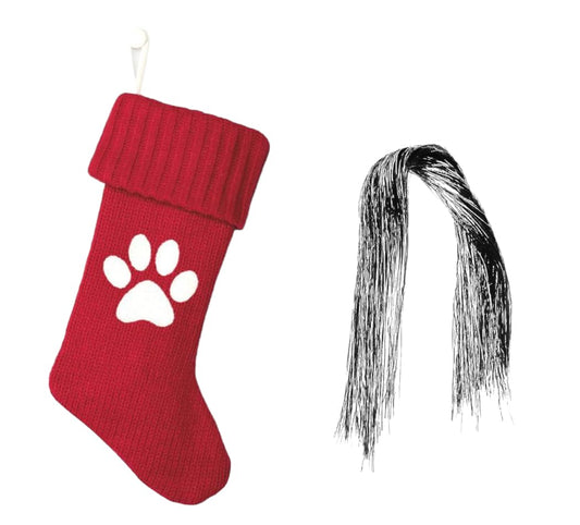 Wondershop Stocking Christmas Stockings Knit Red Paw 20 inches Initials Embroidered Monogrammed Sliver Tinsel 1000 Strands Dog Pup Cat