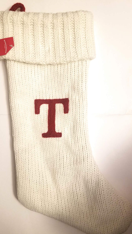 Wondershop Holiday Christmas Winter White Thick Knit Stocking Sock 19 Inches Monogram Letter T Mantel Decoration
