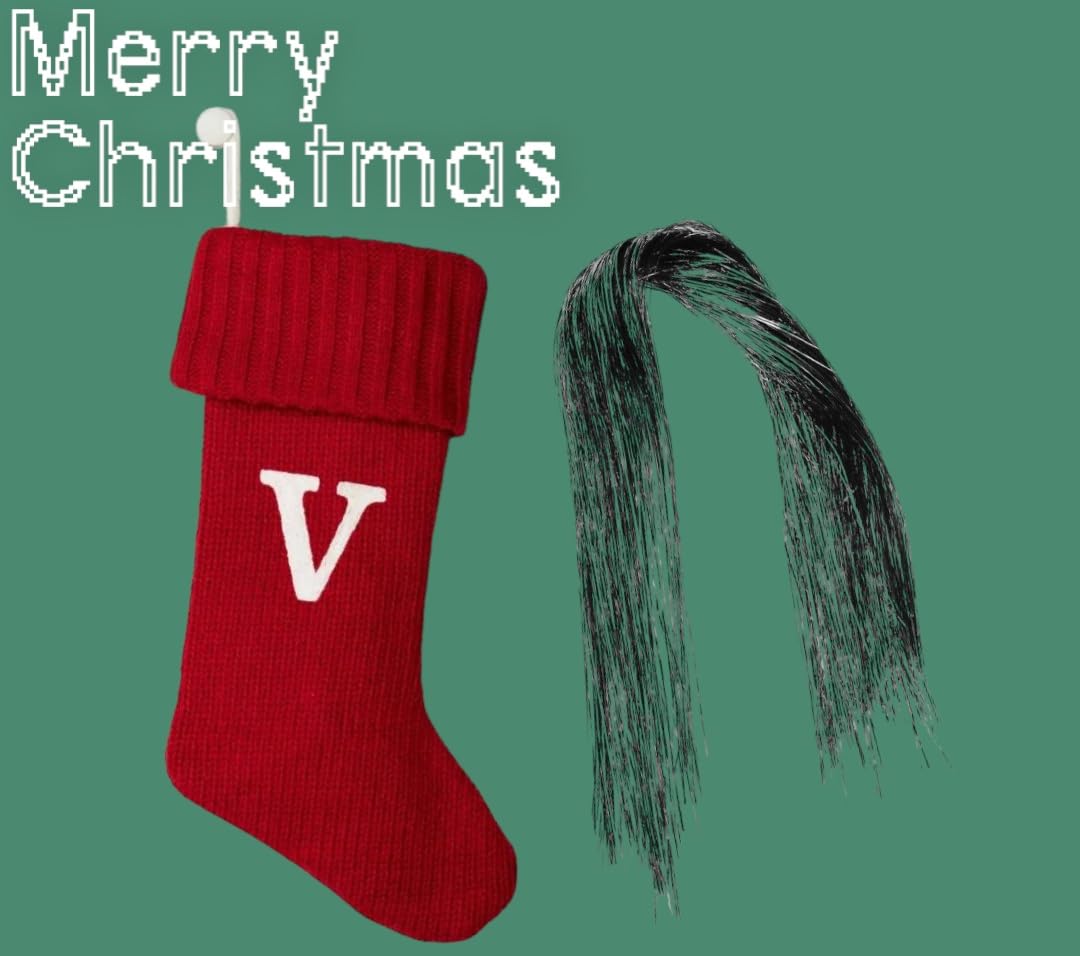 Wondershop Stocking Christmas Stockings Knit Red V 20 inches Long Plus Silver Tinsel 1000 Strands 18 inches Long Monogram Initials Embroidered Mantel Decoration Home Decor Seasonal Holiday