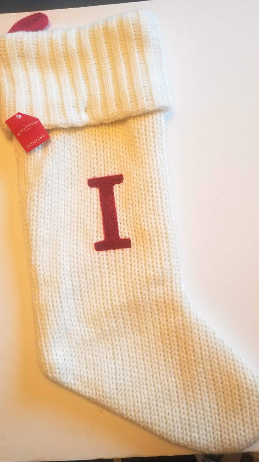Holiday Christmas Stocking Knit Winter White Stocking Monogram Letter I w/Outside Pocket Measures 19" Decorative Mantel Piece
