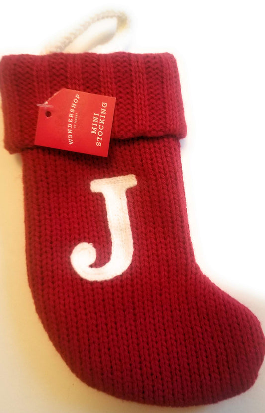 Wondershop Holiday Christmas Knit Mini Stocking Monogram Letter J Red Measures 7"