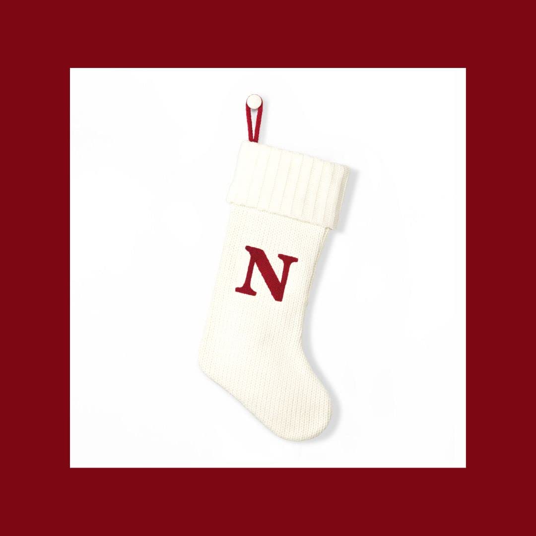 Wondershop Christmas Holiday White Thick Knit Stocking Monogram Letter N Measures 20"